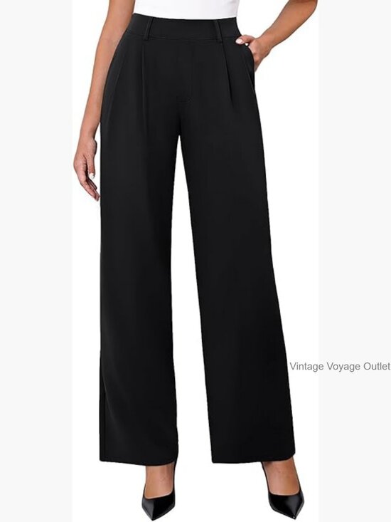 Pants - Stretchy High Waisted Wide Leg Work Pants with Pockets Business Casual